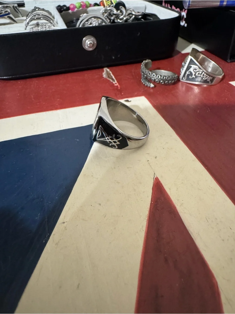 Black and Silver Pentagram Signet Ring - Size 11